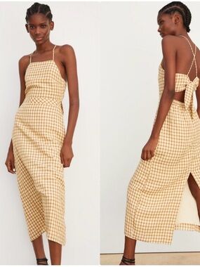 Zara Beige and Yellow Checked Strappy Midi Dress